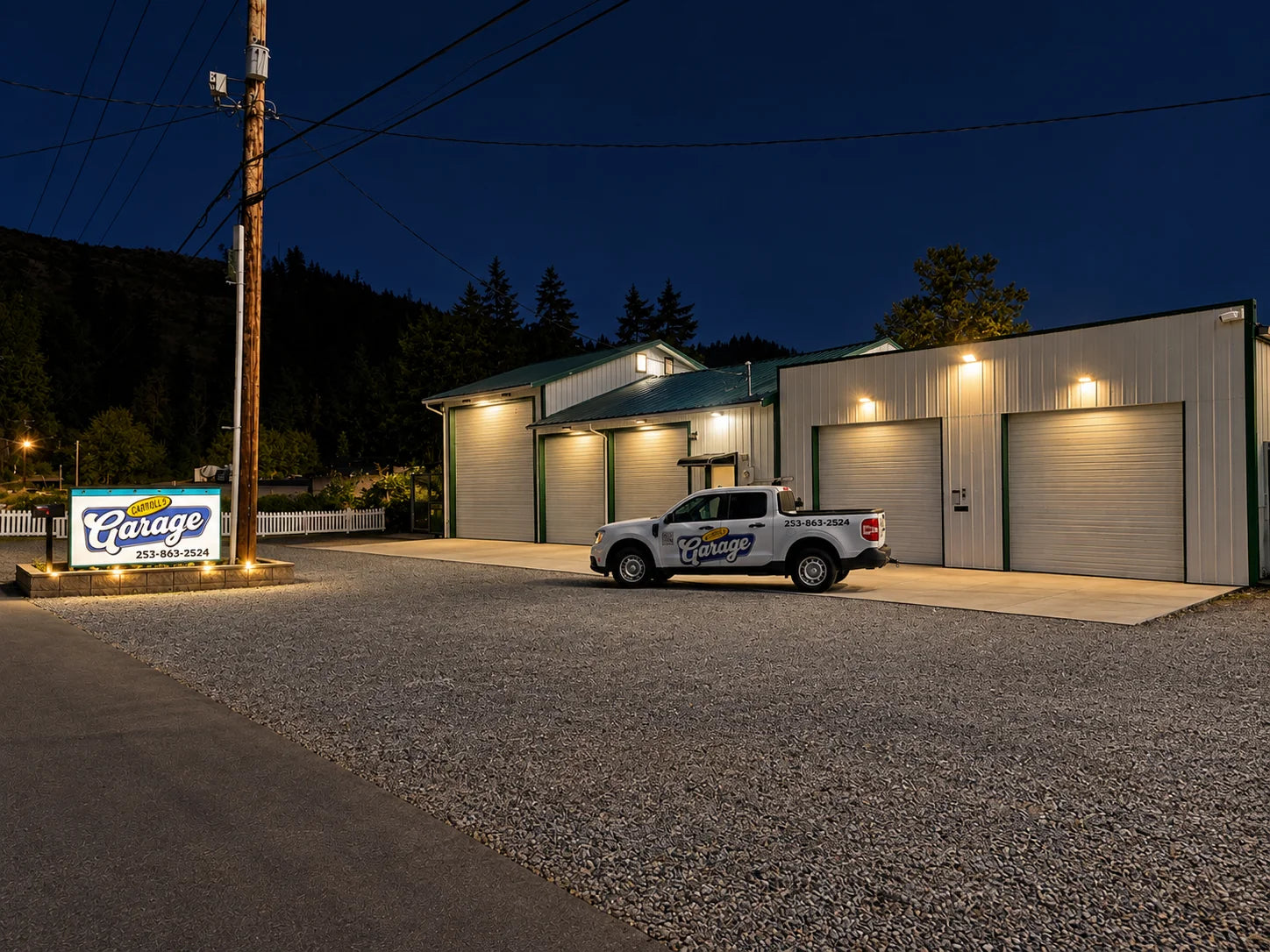 Carroll's Garage exterior at night in Sumner, Washington
